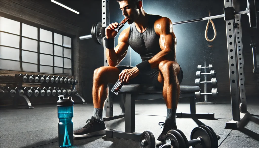 Athlete eating a protein bar after an intense workout, surrounded by dumbbells and a water bottle, highlighting post-workout recovery and muscle replenishment