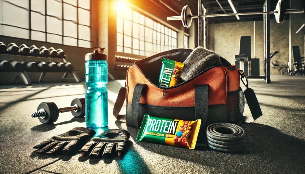 Should You Eat a Protein Bar Before or After Workout? The Best Timing for Athletic Recovery & Regeneration 2 Open gym bag revealing a protein bar, water bottle, and workout gloves on the gym floor, representing pre-workout nutrition and preparation