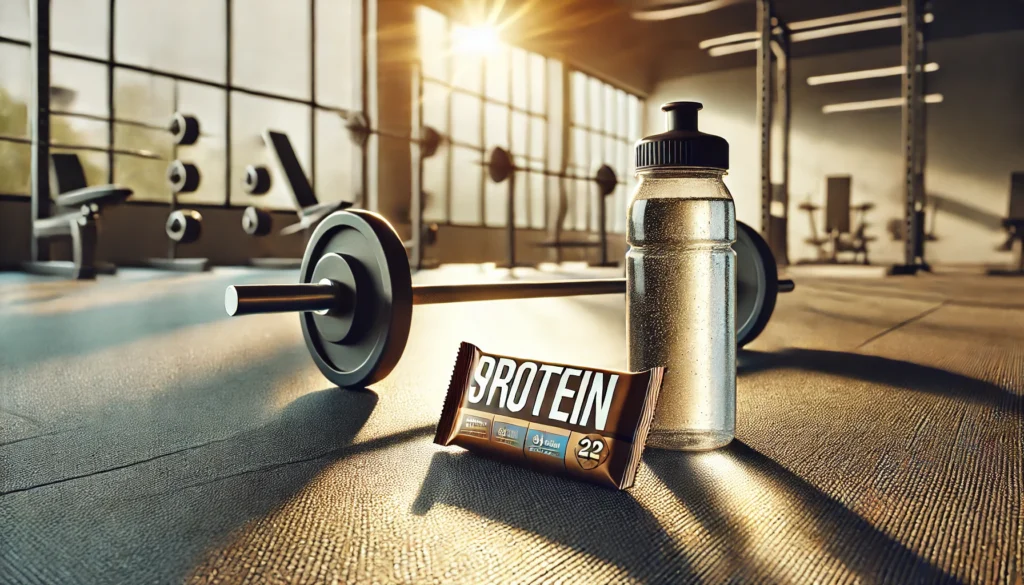 Should You Eat a Protein Bar Before or After Workout? The Best Timing for Athletic Recovery & Regeneration 3 Minimalist scene of a protein bar and water bottle on a clean gym floor with sunlight streaming through windows, symbolizing post-workout recovery and replenishment