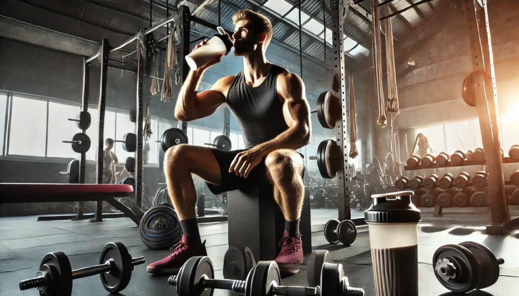 Athlete drinking a protein shake post-workout in a gym surrounded by weightlifting equipment, symbolizing muscle recovery and replenishment
