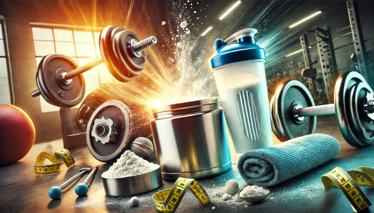 Scoop of protein powder with a shaker bottle and athletic gear in a gym setting, symbolizing fast recovery and sports nutrition for athletic performance.