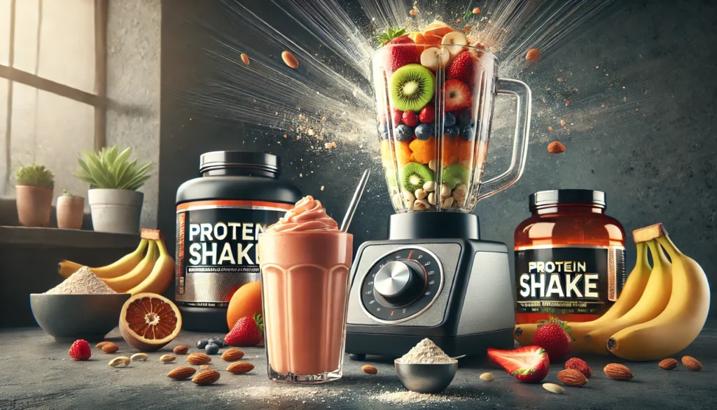 Unlock Faster Recovery: The Best Kinds of Protein Powder for Athletic Performance 1 Blender with protein shake ingredients, including fruits, nuts, and protein powder, in a sporty kitchen environment, emphasizing nutrition for athletic recovery
