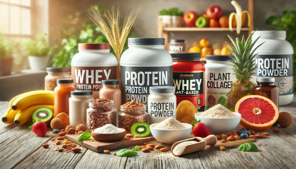 Unlock Faster Recovery: The Best Kinds of Protein Powder for Athletic Performance 2 Assortment of protein powder containers including whey, plant-based, and collagen, surrounded by natural ingredients on a wooden table, symbolizing health and recovery