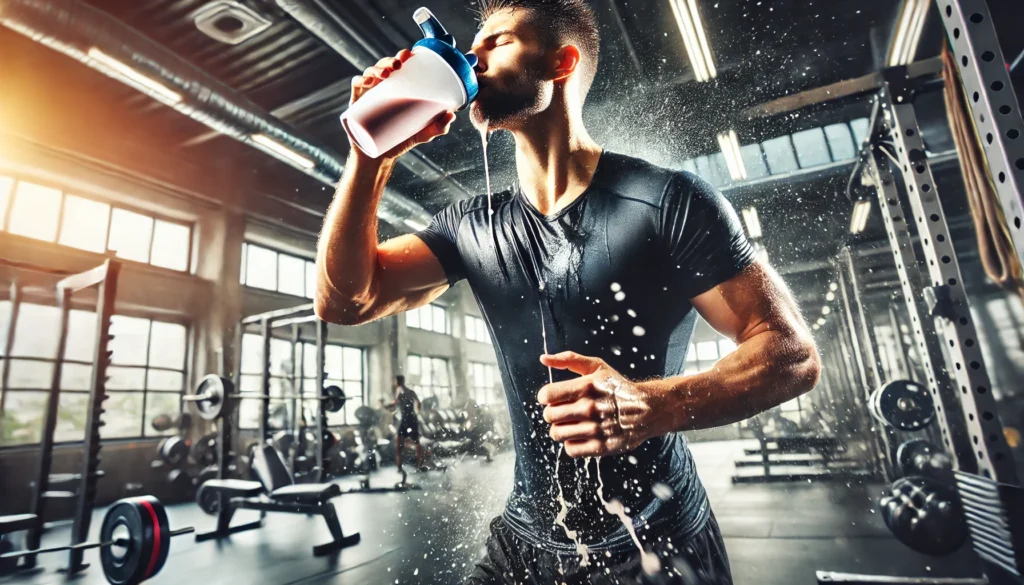 Unlock Faster Recovery: The Best Kinds of Protein Powder for Athletic Performance 3 Athlete drinking a protein shake after an intense workout in a gym environment, capturing the moment of recovery and energy replenishment