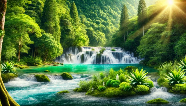 A breathtaking natural landscape featuring a crystal-clear waterfall flowing into a pristine river, surrounded by lush green forests. The scene symbolizes purity, renewal, and the cleansing effects of detoxification