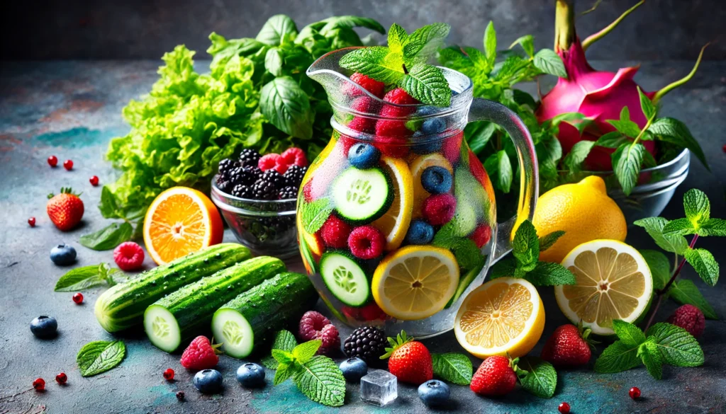 Detoxification Definition: Understanding Bioavailable Nutrients for Natural Detox Support 1 A refreshing detox-inspired composition featuring fresh fruits, leafy greens, and herbs infused in pure water. The vibrant arrangement of lemons, cucumbers, mint leaves, and berries in a glass pitcher highlights natural cleansing and rejuvenation