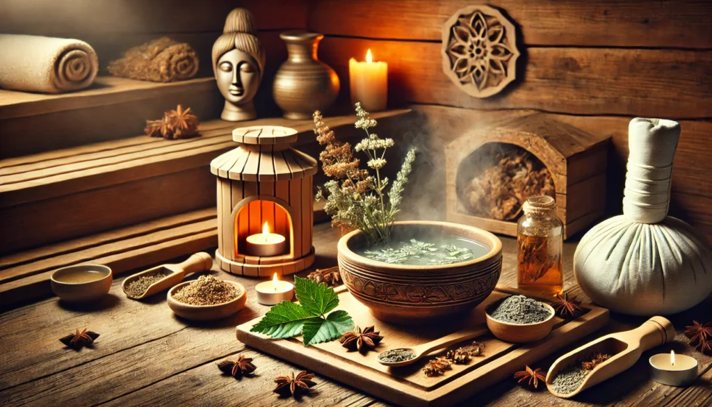 Detoxification Definition: Understanding Bioavailable Nutrients for Natural Detox Support 2 A serene spa environment featuring a wooden sauna, a bowl of steaming herbal water, and natural clay masks, symbolizing detoxification through sweating and skin purification. The warm candlelit ambiance enhances relaxation and renewal