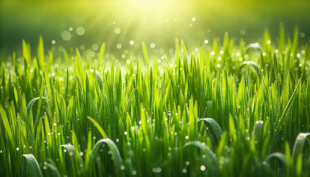 Detoxification Definition: Understanding Bioavailable Nutrients for Natural Detox Support 3 A vibrant wheatgrass field bathed in soft morning sunlight, with dewdrops glistening on the fresh green blades, symbolizing the detoxifying power of natural superfoods and the renewal of health