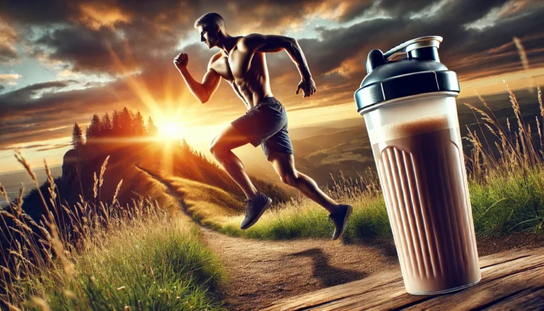 Runner in mid-stride on a scenic trail during sunset with muscular definition visible and a protein shake bottle in the foreground, symbolizing optimal performance and recovery