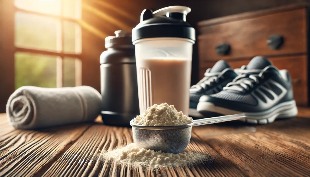 Close-up of a protein powder scoop next to a shaker bottle on a wooden table, with running shoes and a sports towel blurred in the background, emphasizing post-run recovery