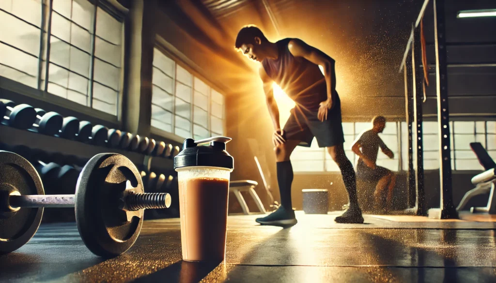 Runner stretching beside a protein shake on a gym floor with sunlight streaming through the window, highlighting muscular definition and symbolizing performance enhancement and recovery