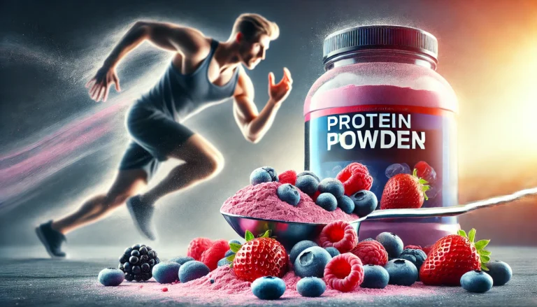 Scoop of berry-flavored protein powder surrounded by fresh strawberries, blueberries, and raspberries, with an athlete stretching in the background, symbolizing muscle recovery and performance