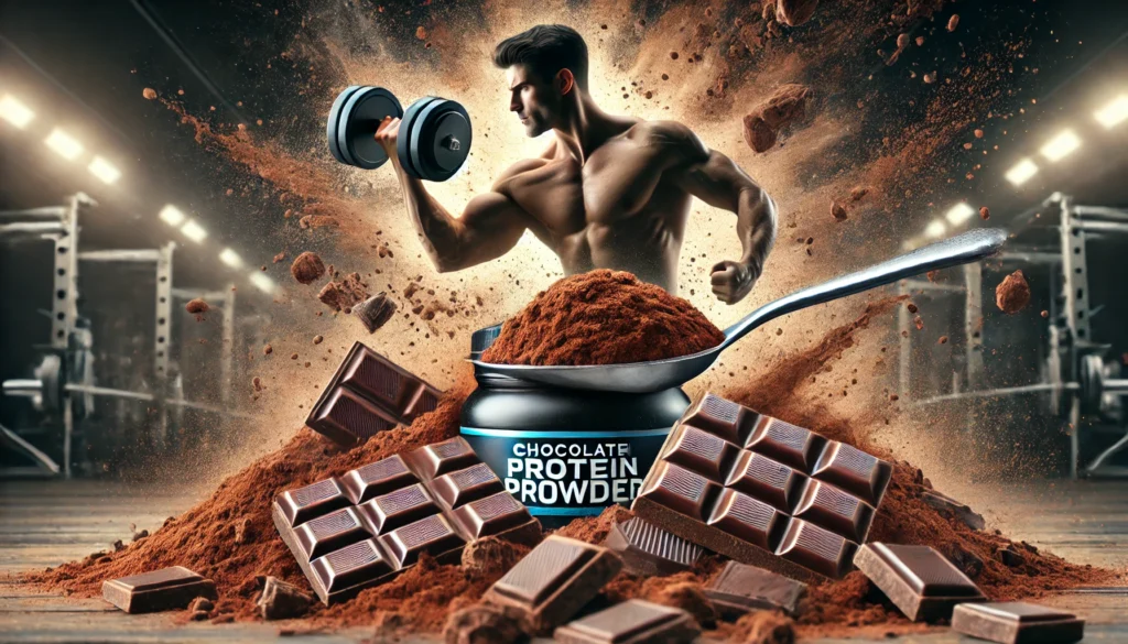 Boost Recovery and Performance: How Protein Powder Flavors Impact Athletic Regeneration 1 Chocolate protein powder scoop with dark chocolate chunks and cocoa powder, with an athlete lifting weights in the background, highlighting strength and enhanced performance