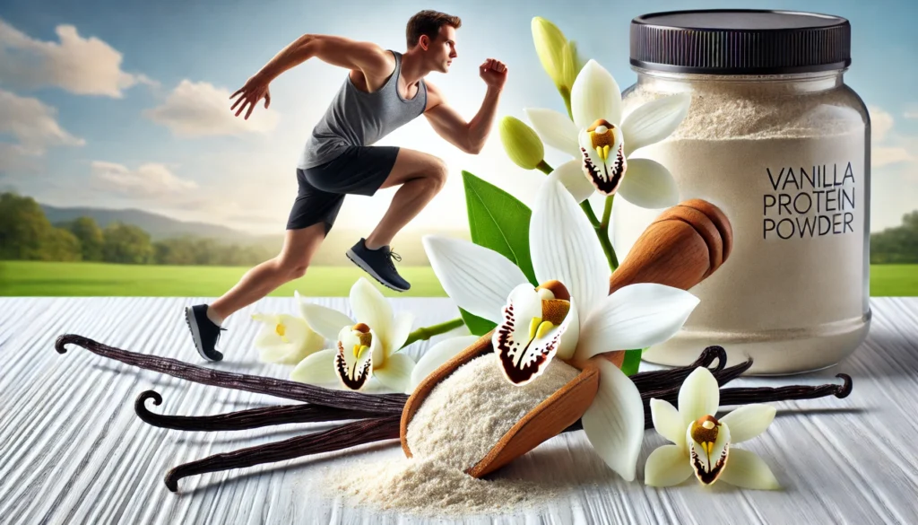 Boost Recovery and Performance: How Protein Powder Flavors Impact Athletic Regeneration 2 Vanilla protein powder scoop with vanilla pods and blooming flowers, with a runner sprinting in the background, representing energy, stamina, and rapid recovery