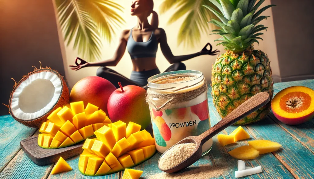 Boost Recovery and Performance: How Protein Powder Flavors Impact Athletic Regeneration 3 Tropical protein powder scoop surrounded by mango, pineapple, and coconut slices, with a yoga practitioner balancing in the background, conveying harmony, muscle recovery, and revitalization