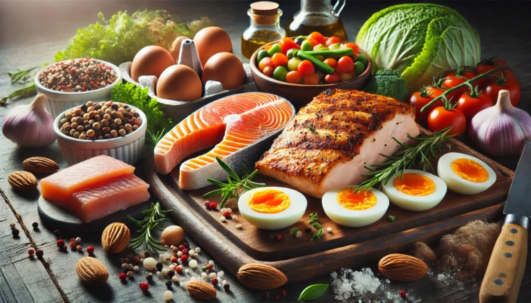 High-protein foods for lean muscle growth including grilled chicken, salmon, and boiled eggs arranged with fresh vegetables on a rustic wooden table