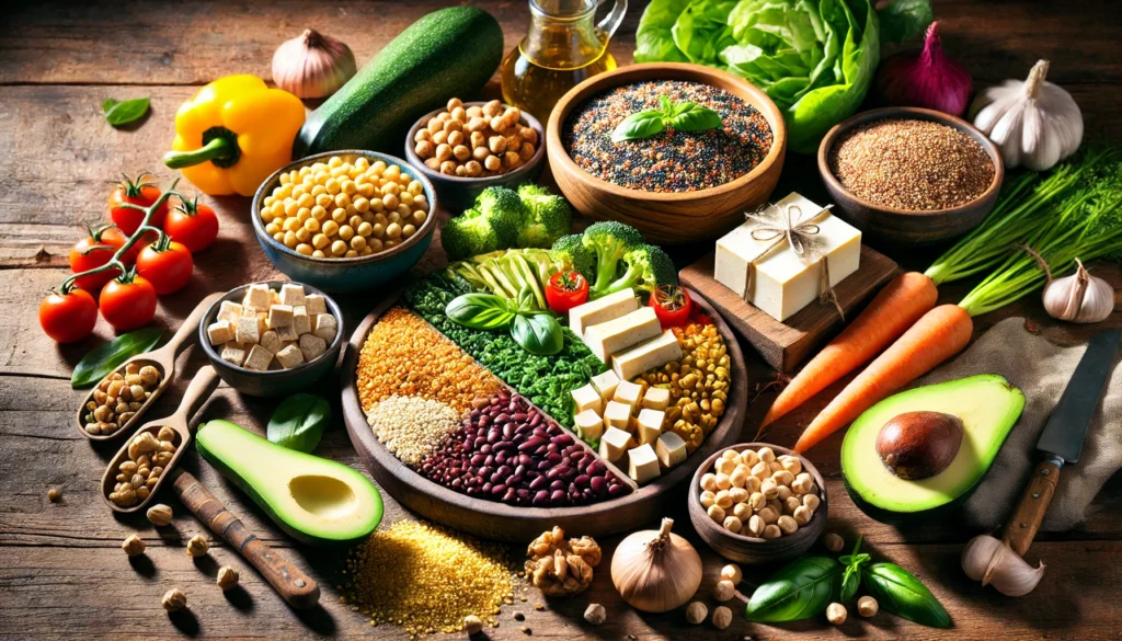 Top Protein for Lean Muscle: The Best Choices for Athletic Recovery & Regeneration 1 Plant-based protein sources for athletic recovery featuring quinoa, chickpeas, tofu, and mixed nuts with vibrant vegetables on a rustic table