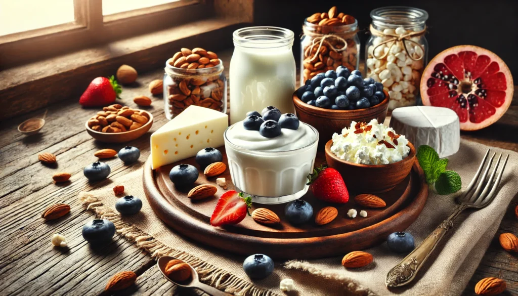 Top Protein for Lean Muscle: The Best Choices for Athletic Recovery & Regeneration 2 Protein-rich dairy products ideal for muscle recovery displayed with Greek yogurt, cottage cheese, nuts, and fresh berries on a wooden board