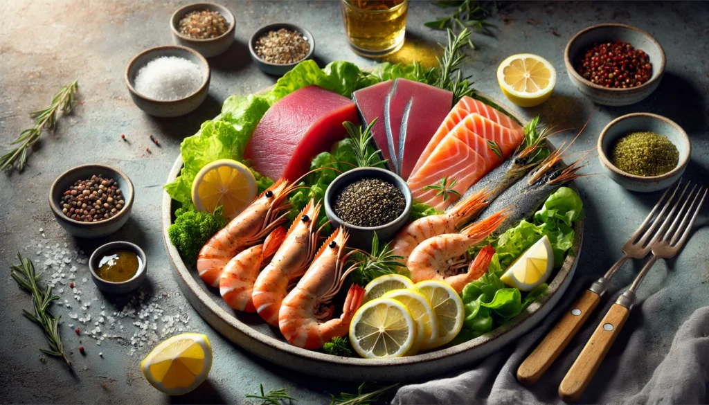 Top Protein for Lean Muscle: The Best Choices for Athletic Recovery & Regeneration 3 Protein-packed seafood options for lean muscle including grilled shrimp, seared tuna, and smoked salmon with leafy greens and lemon slices