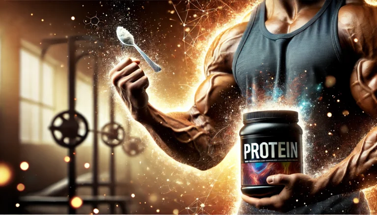 Close-up of muscular athlete’s arm with defined muscles and a scoop of protein powder in the foreground, symbolizing muscle repair and recovery