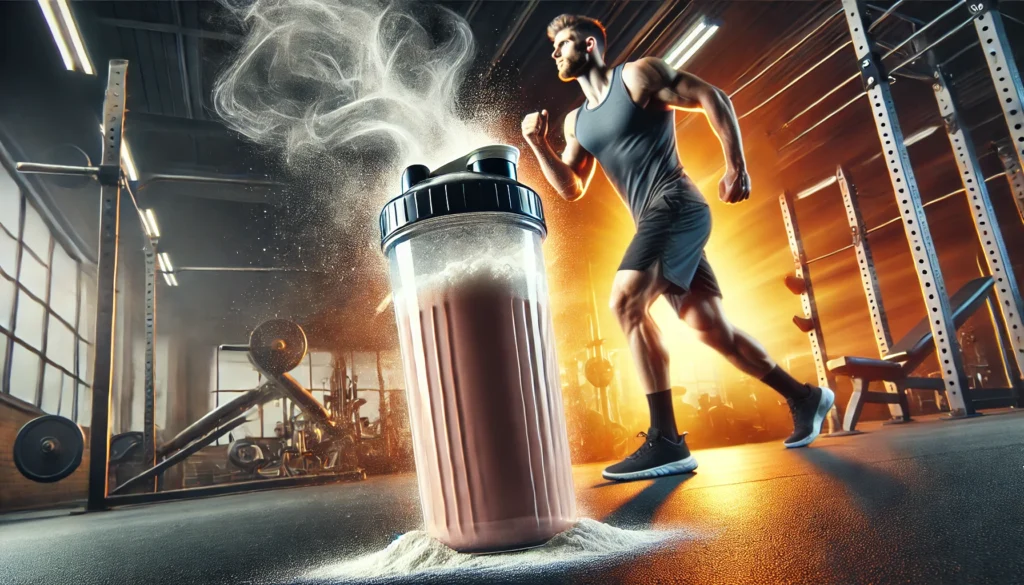 Boost Your Athletic Recovery: How Recovery Protein Powder Enhances Muscle Repair and Performance 1 Dynamic shot of a protein shake bottle with swirling powder, set against a gym backdrop with an athlete in action, emphasizing post-workout recovery