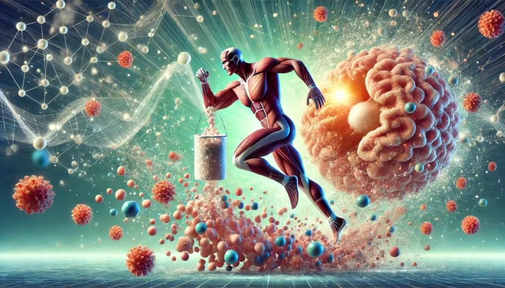 Boost Your Athletic Recovery: How Recovery Protein Powder Enhances Muscle Repair and Performance 2 Abstract visualization of muscle fibers being nourished by protein molecules, representing muscle repair and enhanced athletic performance