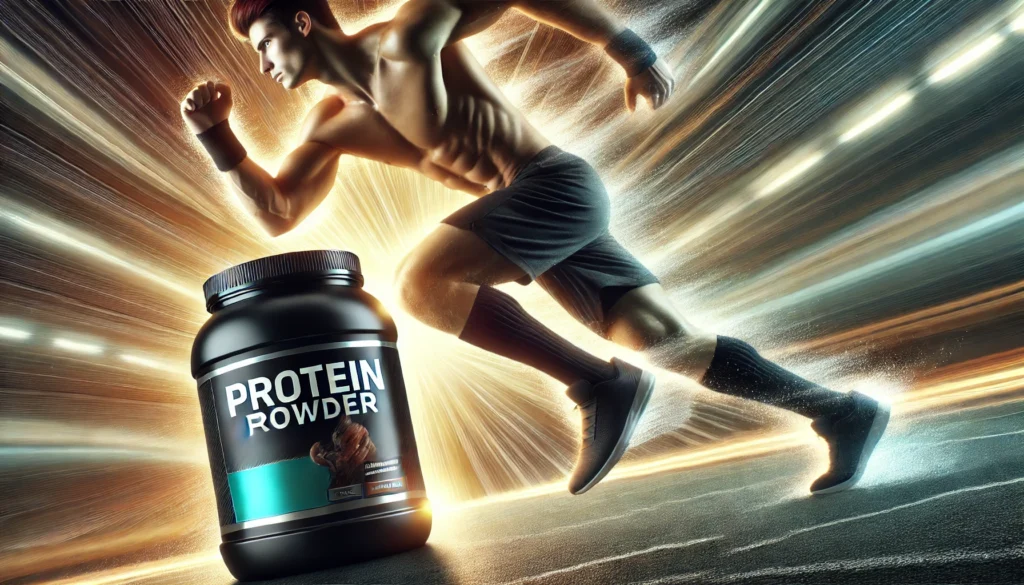 Boost Your Athletic Recovery: How Recovery Protein Powder Enhances Muscle Repair and Performance 3 Energized athlete mid-sprint with motion blur, accompanied by a tub of protein powder glowing in the foreground, symbolizing improved speed, strength, and recovery