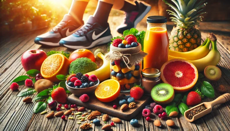 Natural recovery supplements for runners displayed with colorful fruits, nuts, and leafy greens on a wooden table, accompanied by running shoes and a water bottle, symbolizing athletic recovery and stamina enhancement