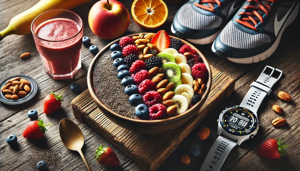 The Best Recovery Supplements for Runners: Boost Stamina, Endurance, and Performance Naturally 1 Smoothie bowl with vibrant berries, chia seeds, nuts, and fresh fruit slices, set on a rustic table with athletic sunglasses and a sports watch, reflecting a runner's healthy lifestyle and natural performance boost