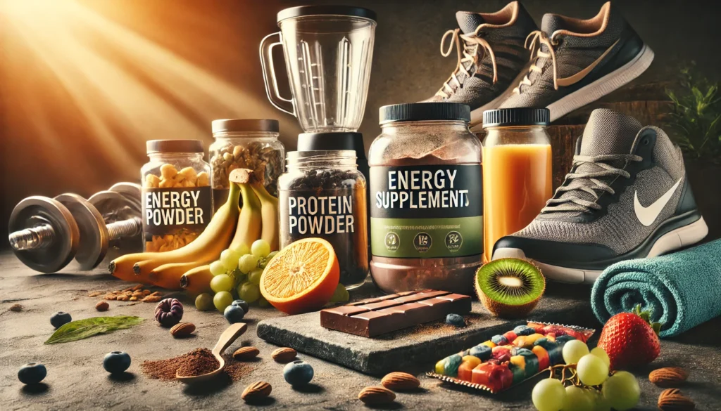 The Best Recovery Supplements for Runners: Boost Stamina, Endurance, and Performance Naturally 2 Selection of natural supplements including protein powder, energy bars, and fresh fruits on a stone countertop, with a blender and running gear in the background, emphasizing post-run energy and endurance recovery