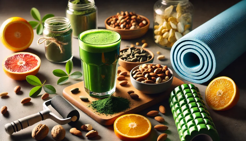 The Best Recovery Supplements for Runners: Boost Stamina, Endurance, and Performance Naturally 3 Green smoothie with spirulina powder, nuts, and citrus slices arranged for post-run recovery, alongside a yoga mat and foam roller, illustrating holistic recovery and vitality for runners