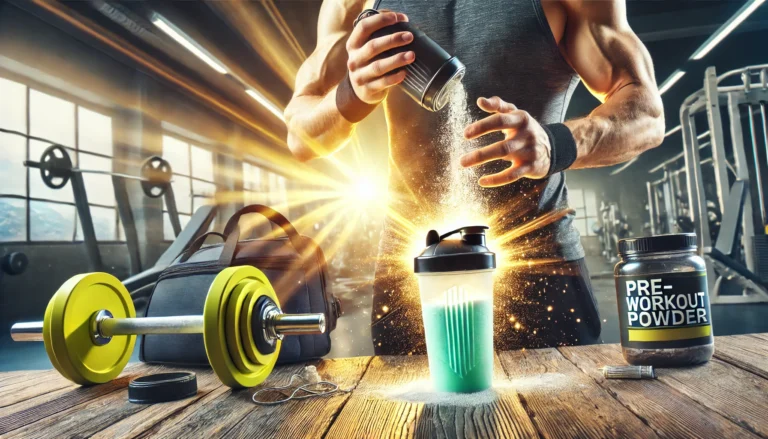 A dynamic scene showing a person mixing pre-workout powder into a shaker bottle with gym equipment in the background, symbolizing energy and athletic preparation