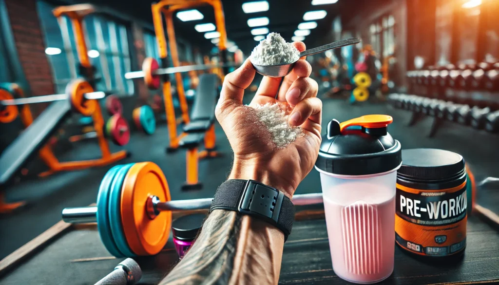 Is Preworkout Safe? Unveiling the Benefits, Risks, and Best Practices for Athletic Recovery 1 Close-up of a hand holding a scoop of pre-workout powder above a shaker bottle, with colorful gym equipment in the background, capturing the vibrant energy and anticipation associated with pre-workout supplements