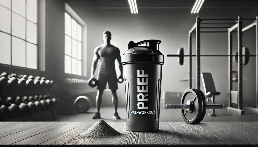 Is Preworkout Safe? Unveiling the Benefits, Risks, and Best Practices for Athletic Recovery 3 A minimalist yet powerful image of a shaker bottle with pre-workout powder next to it, set against a clean gym background. The image subtly contrasts the energy boost and the caution associated with supplements, maintaining a balanced perspective