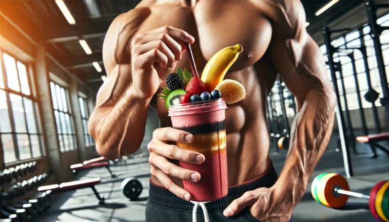 Close-up of a muscular athlete drinking a colorful post-workout smoothie with fruits like bananas and berries, symbolizing sugar intake for athletic recovery. Gym equipment blurred in the background.