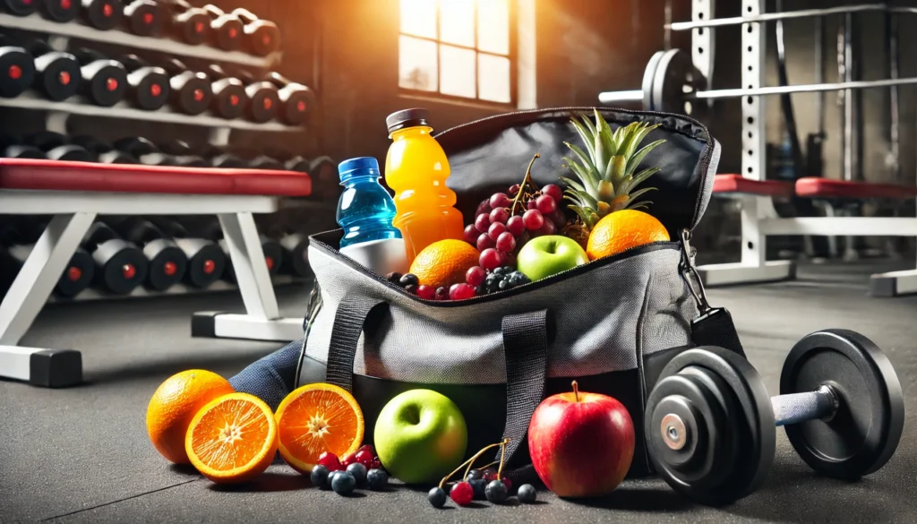 Sugar Post Workout: Does It Enhance Athletic Recovery & Regeneration? 1 An open gym bag with fruits like oranges and apples alongside a sports drink bottle, symbolizing post-workout sugar intake. Workout bench and dumbbells are visible in the background