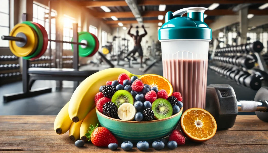 Sugar Post Workout: Does It Enhance Athletic Recovery & Regeneration? 2 A bowl of mixed fruits including bananas, berries, and citrus placed next to protein powder and a shaker bottle on a gym bench, representing balanced post-workout nutrition for recovery