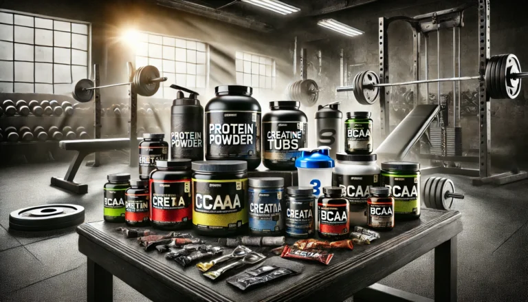 Muscle-building supplements including protein powder, creatine, and BCAA bottles on a gym bench with weights in the background, conveying strength and energy