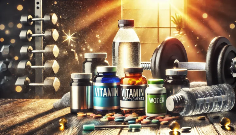Vitamin bottles and supplements on a gym bench with weights and a water bottle, illuminated by natural sunlight, emphasizing workout performance and vitality