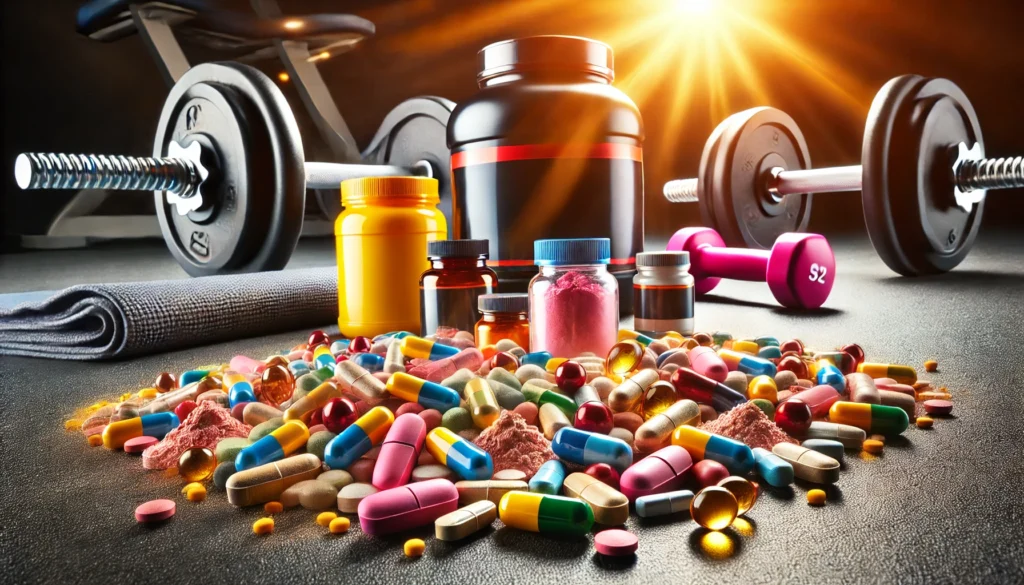 Best Vitamins for Working Out: Boost Performance, Recovery & Muscle Growth 1 Vibrant mix of vitamin capsules and protein powders on a gym floor, surrounded by dumbbells and a yoga mat, symbolizing muscle growth and post-workout recovery