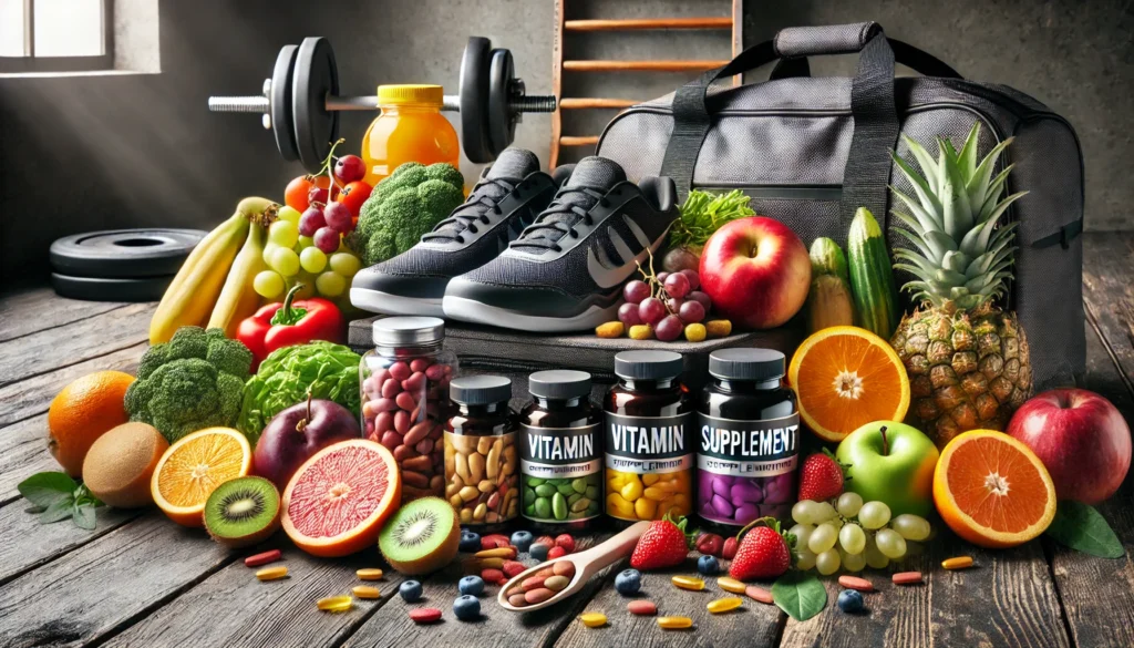 Best Vitamins for Working Out: Boost Performance, Recovery & Muscle Growth 2 Vitamin and supplement containers with fresh fruits and vegetables on a wooden table, accompanied by a gym bag and workout shoes, highlighting natural energy sources for athletic performance.