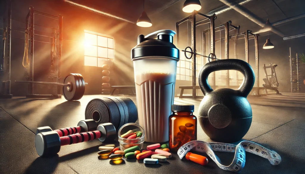 Best Vitamins for Working Out: Boost Performance, Recovery & Muscle Growth 3 Shaker bottle with protein powder and vitamins next to resistance bands and kettlebells in a modern gym, representing strength, endurance, and optimal workout recovery