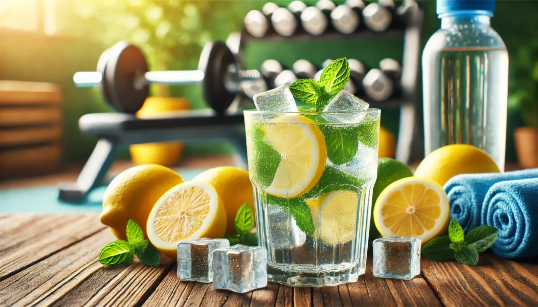 Glass of lemon-infused water with ice cubes, surrounded by fresh lemon slices and mint leaves on a wooden surface. Blurred gym background with dumbbells and workout gear, highlighting pre-workout hydration