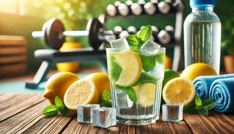 Glass of lemon-infused water with ice cubes, surrounded by fresh lemon slices and mint leaves on a wooden surface. Blurred gym background with dumbbells and workout gear, highlighting pre-workout hydration