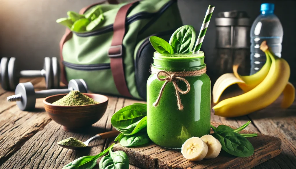 What to Drink Before Workout: Top Hydration & Nutrition Tips for Optimal Athletic Recovery 1 Vibrant green smoothie made with spinach, banana, and protein powder, served in a glass jar with a straw. Fresh spinach leaves and banana slices on a rustic table, with a blurred gym bag and yoga mat in the background