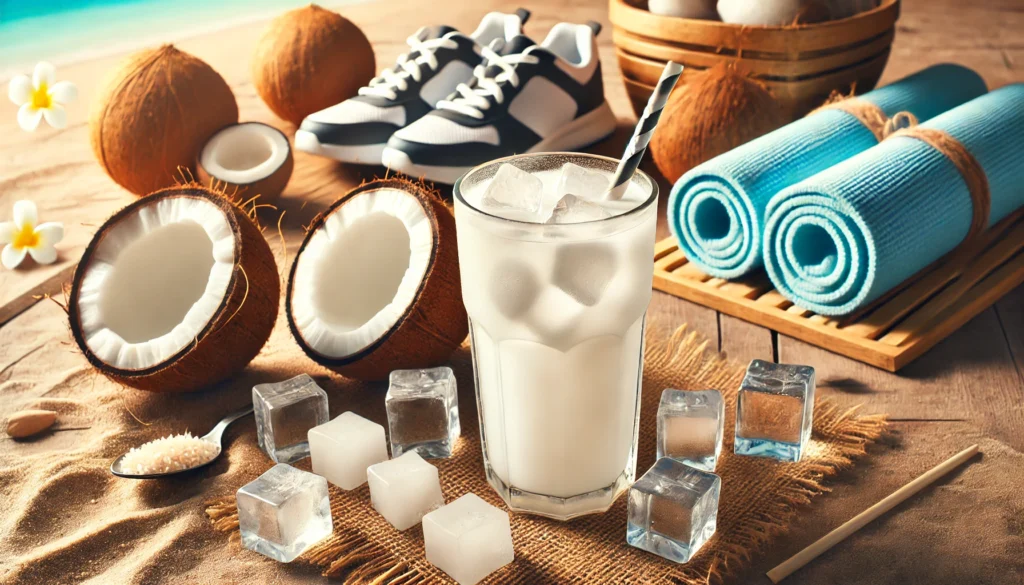 What to Drink Before Workout: Top Hydration & Nutrition Tips for Optimal Athletic Recovery 2 Glass of coconut water with ice cubes and a straw, surrounded by cracked coconut halves on a sandy beach. Soft-focused workout shoes and a fitness mat in the background, emphasizing tropical pre-workout hydration
