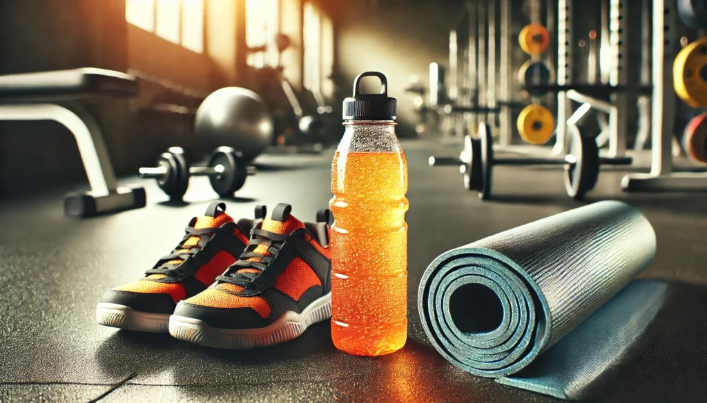 What to Drink Before Workout: Top Hydration & Nutrition Tips for Optimal Athletic Recovery 3 Sports water bottle filled with vibrant orange electrolyte drink on a gym floor beside a yoga mat and athletic shoes. Condensation droplets on the bottle, with blurred gym equipment in the background, highlighting pre-workout hydration