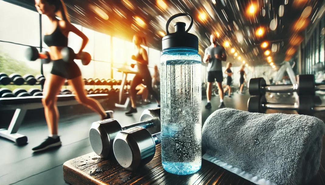 Clear water bottle with condensation on a gym bench beside a towel and dumbbells, with blurred motion of people exercising in the background, highlighting hydration during workouts