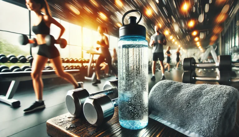 Clear water bottle with condensation on a gym bench beside a towel and dumbbells, with blurred motion of people exercising in the background, highlighting hydration during workouts