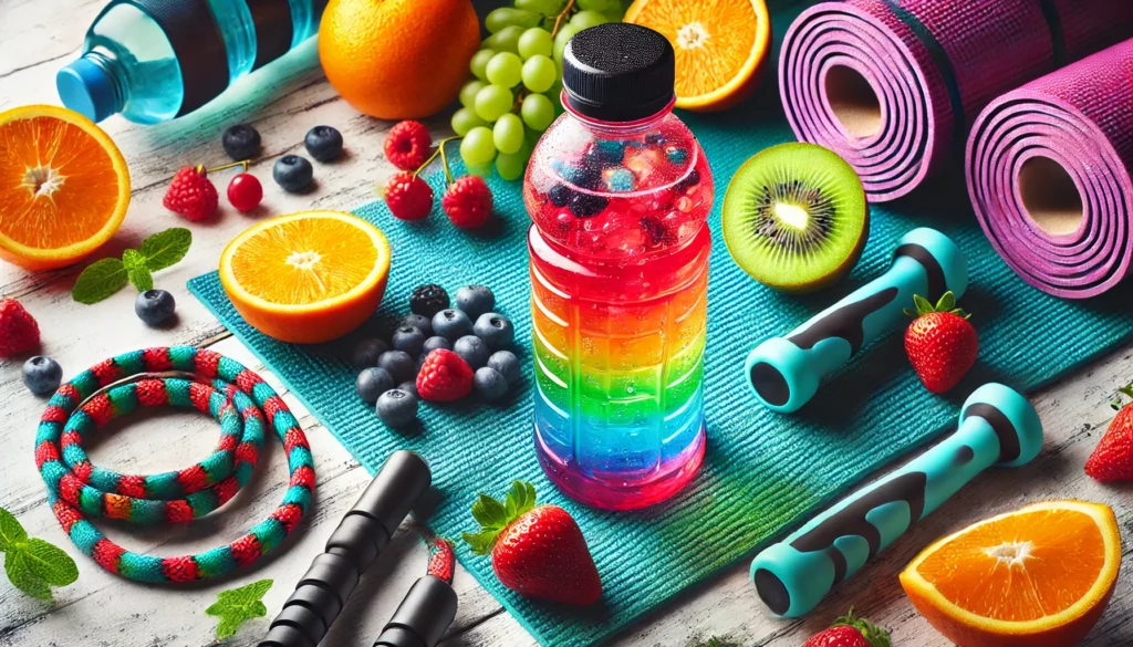 What to Drink While Working Out: Top Exercise Drinks for Optimal Hydration and Performance 1 Colorful sports drink surrounded by fresh fruits like oranges and berries on a yoga mat, with resistance bands and jump rope nearby, symbolizing energy and hydration during fitness activities